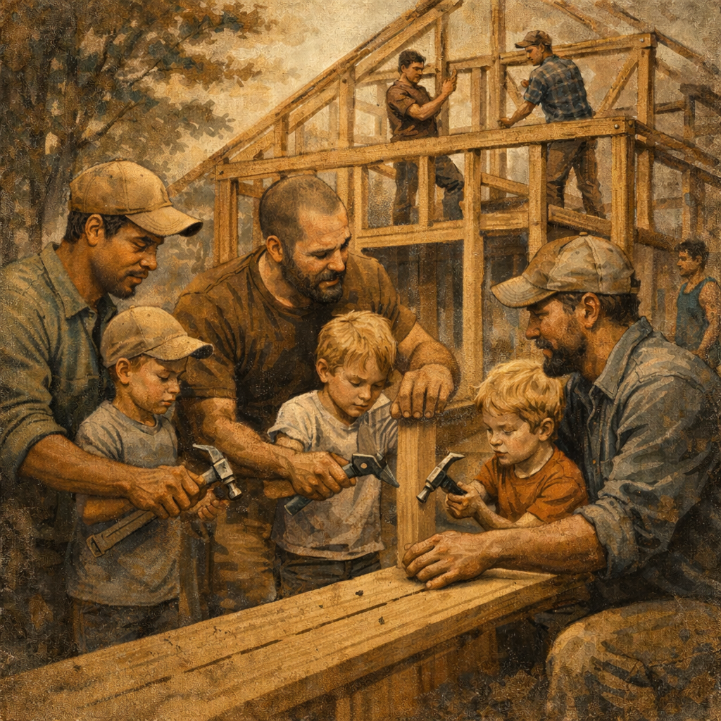 Local Why Men building a house together